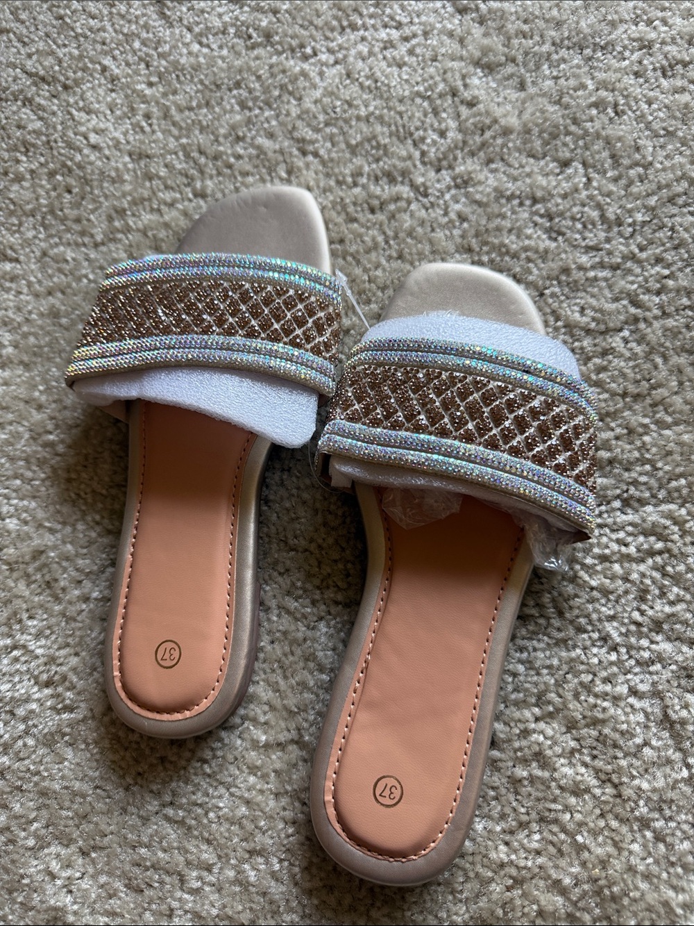 Crystal-Trim White Slide Mules with Beaded Straps